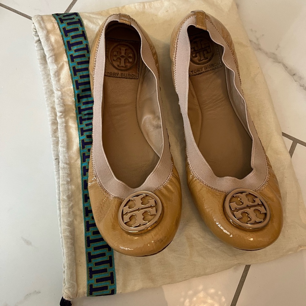 Tory Burch Tan Leather Flats with Medallion Logo